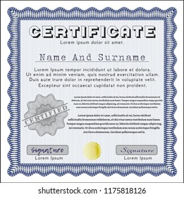 Blue Certificate diploma or award template. Vector illustration. With complex linear background. Good design. 