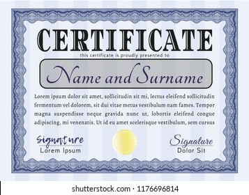 Blue Certificate diploma or award template. With quality background. Detailed. Money style design. 