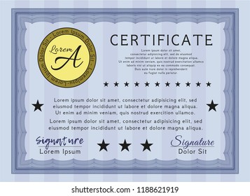 Blue Certificate diploma or award template. Money Pattern design. Vector illustration. With guilloche pattern. 