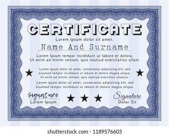 Blue Certificate diploma or award template. Customizable, Easy to edit and change colors. With guilloche pattern and background. Excellent design. 