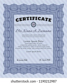 Blue Certificate diploma or award template. Sophisticated design. Customizable, Easy to edit and change colors. With guilloche pattern and background. 
