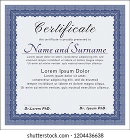 Blue Certificate diploma or award template. Money Pattern. Easy to print. Vector illustration. 