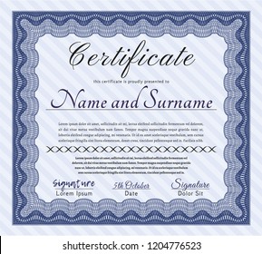 Blue Certificate diploma or award template. Cordial design. Customizable, Easy to edit and change colors. With guilloche pattern and background. 