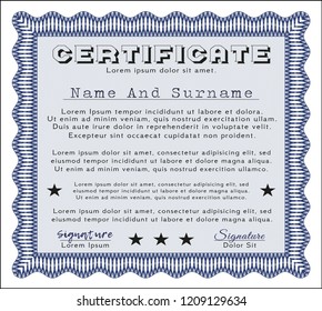 Blue Certificate diploma or award template. Money style design. With guilloche pattern. Detailed. 