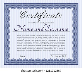 Blue Certificate diploma or award template. Vector illustration. With linear background. Superior design. 