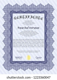 Blue Certificate diploma or award template. Complex background. Vector illustration. Elegant design. 