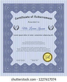 Blue Certificate diploma or award template. With background. Money style design. Detailed. 