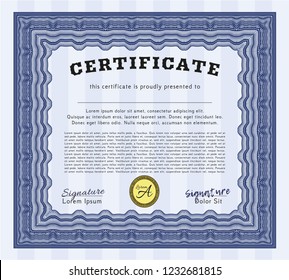 Blue Certificate diploma or award template. Money design. With complex linear background. Customizable, Easy to edit and change colors. 