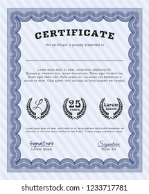 Blue Certificate diploma or award template. Detailed. With great quality guilloche pattern. Nice design. 