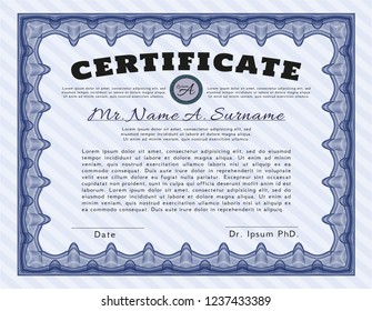 Blue Certificate diploma or award template. With guilloche pattern and background. Vector illustration. Nice design. 