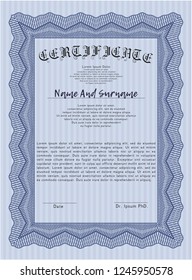 Blue Certificate diploma or award template. With background. Money style design. Customizable, Easy to edit and change colors. 