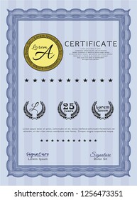 Blue Certificate diploma or award template. With background. Vector illustration. Perfect design. 