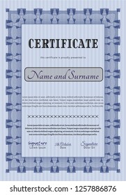 Blue Certificate diploma or award template. Superior design. With complex linear background. Vector illustration. 