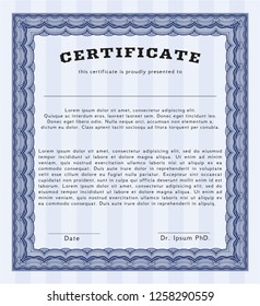 Blue Certificate diploma or award template. Detailed. With complex linear background. Sophisticated design. 