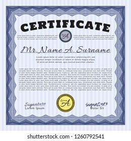 Blue Certificate diploma or award template. Complex background. Money Pattern. Detailed. 
