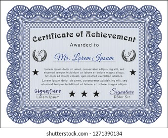 Blue Certificate diploma or award template. Elegant design. With quality background. Vector illustration. 