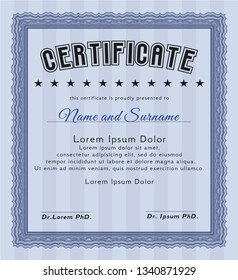 Blue Certificate diploma or award template. With linear background. Cordial design. Customizable, Easy to edit and change colors. 