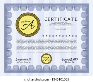 Blue Certificate diploma or award template. With linear background. Superior design. Detailed. 