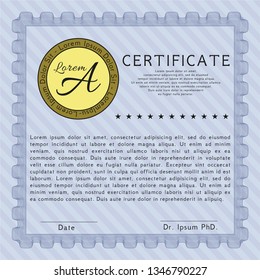 Blue Certificate diploma or award template. With linear background. Elegant design. Vector illustration. 