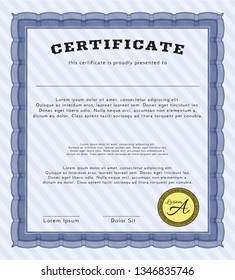 Blue Certificate diploma or award template. With complex background. Retro design. Vector illustration. 