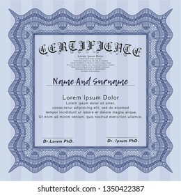 Blue Certificate diploma or award template. With guilloche pattern. Customizable, Easy to edit and change colors. Nice design. 