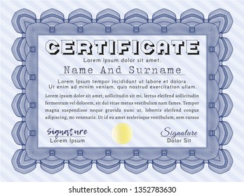 Blue Certificate diploma or award template. With guilloche pattern. Money Pattern design. Detailed. 