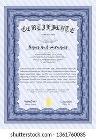 Blue Certificate diploma or award template. Excellent design. With background. Detailed. 