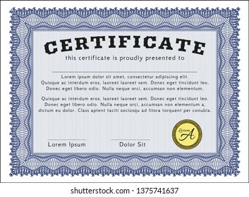 Blue Certificate diploma or award template. Vector illustration. Easy to print. Nice design. 
