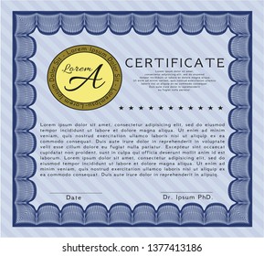 Blue Certificate diploma or award template. With guilloche pattern and background. Vector illustration. Lovely design. 