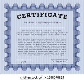 Blue Certificate diploma or award template. Money style design. Vector illustration. With great quality guilloche pattern. 