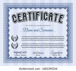 Blue Certificate diploma or award template. Vector illustration. With guilloche pattern and background. Money style design. 