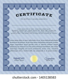 Blue Certificate diploma or award template. With guilloche pattern and background. Good design. Vector illustration. 