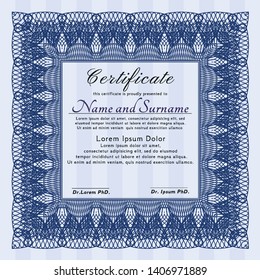 Blue Certificate diploma or award template. With linear background. Superior design. Detailed. 