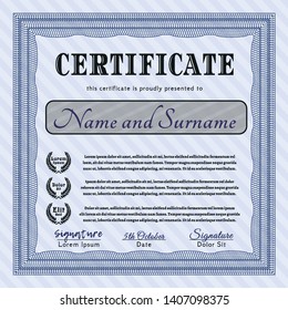 Blue Certificate diploma or award template. Retro design. Printer friendly. Vector illustration. 