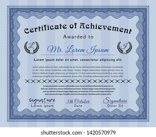 Blue Certificate diploma or award template. Nice design. Customizable, Easy to edit and change colors. With complex linear background. 