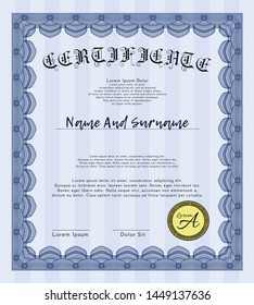 Blue Certificate diploma or award template. Modern design. Detailed. With background. 