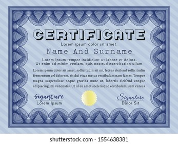 Blue Certificate diploma or award template. Superior design. Vector illustration. With guilloche pattern. 