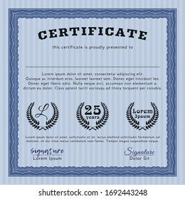 Blue Certificate diploma or award template. With guilloche pattern. Retro design. Vector illustration. 
