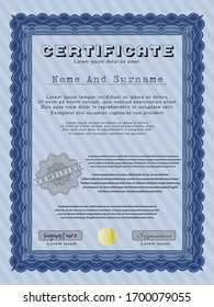 Blue Certificate diploma or award template. Printer friendly. Vector illustration. Money style design. 
