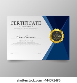 Blue certificate diploma background template vector modern value design and luxurious elegant. Illustration layout cover leaflet horizontal in A4 size pattern.