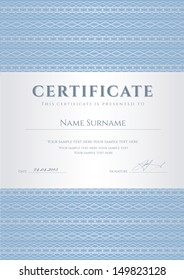 Blue Certificate, Diploma of completion (design template, background) with guilloche pattern (watermark), border, frame. Useful for: Certificate of Achievement, Certificate of education, award, winner