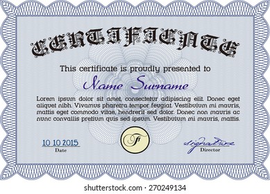 Blue Certificate / Diploma of completion / Design template. 