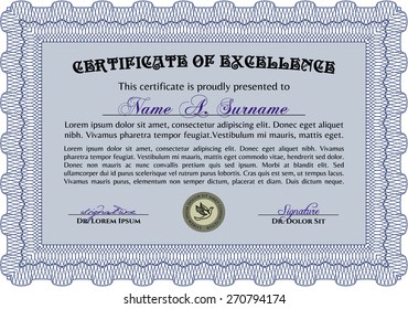 Certificado azul, Diploma de terminación; plantilla de diseño con patrón guilloche, borde, marco.
