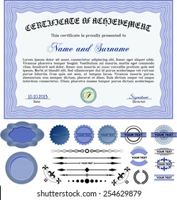 Certificado azul o plantilla de diploma con elementos adicionales.