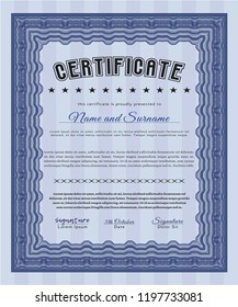 Blue Certificate or diploma template. Artistry design. With linear background. Vector illustration. 