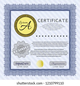 Blue Certificate or diploma template. Artistry design. Vector illustration. With complex linear background. 