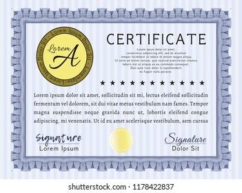 Blue Certificate or diploma template. With background. Good design. Vector illustration. 
