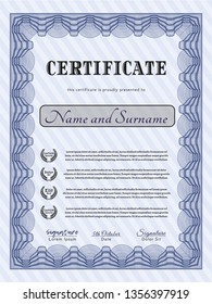 Blue Certificate or diploma template. With background. Retro design. Detailed. 