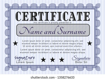 Blue Certificate or diploma template. With background. Elegant design. Vector illustration. 