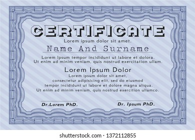 Blue Certificate or diploma template. With background. Nice design. Detailed. 